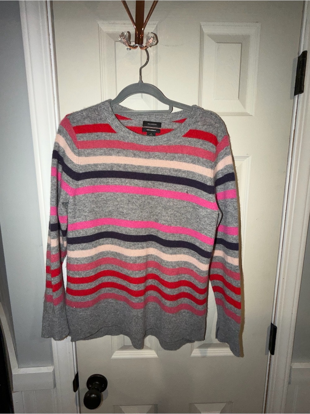 Halogen Cashmere Gray Striped Crewneck Sweater with Pink & Red Accents